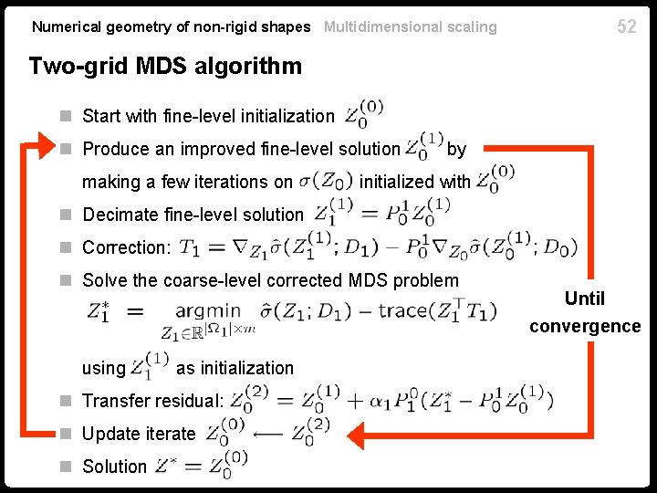 Numerical geometry of non-rigid shapes Multidimensional scaling 52 Two-grid MDS algorithm n Start with