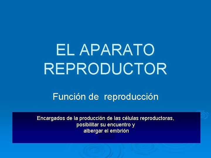 EL APARATO REPRODUCTOR Función de reproducción Encargados de la producción de las células reproductoras,