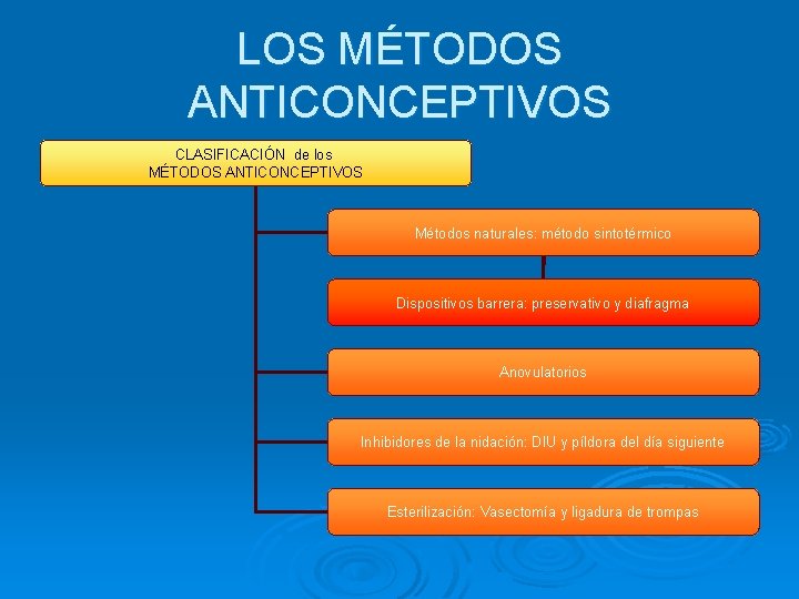 LOS MÉTODOS ANTICONCEPTIVOS CLASIFICACIÓN de los MÉTODOS ANTICONCEPTIVOS Métodos naturales: método sintotérmico Dispositivos barrera: