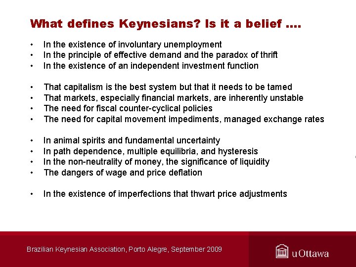 What defines Keynesians? Is it a belief …. • • • In the existence