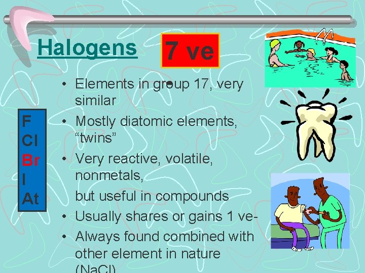 Halogens • F Cl Br I At • • 7 ve Elements in group
