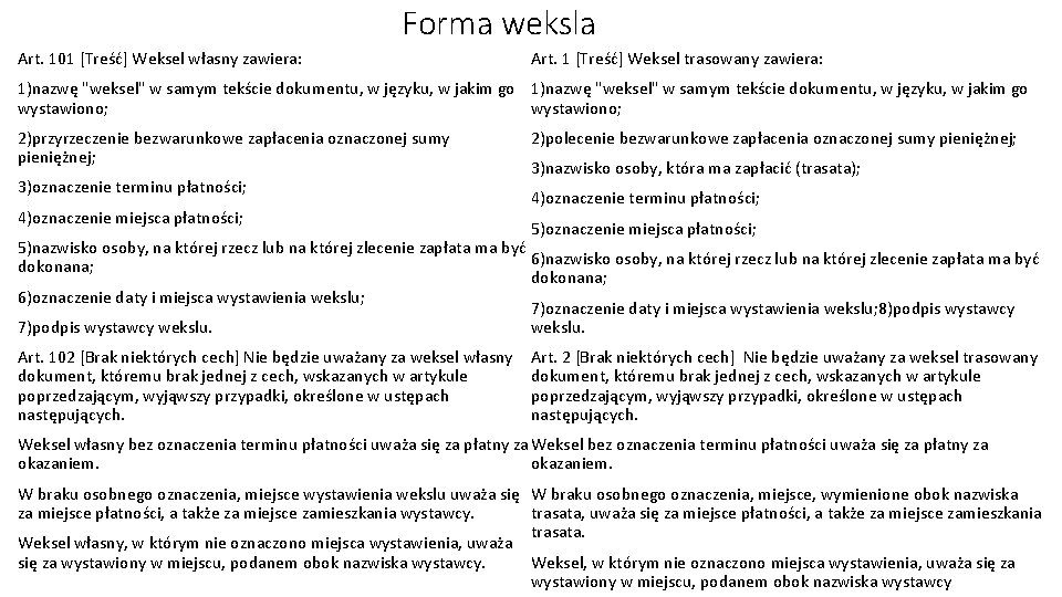 Forma weksla Art. 101 [Treść] Weksel własny zawiera: Art. 1 [Treść] Weksel trasowany zawiera: