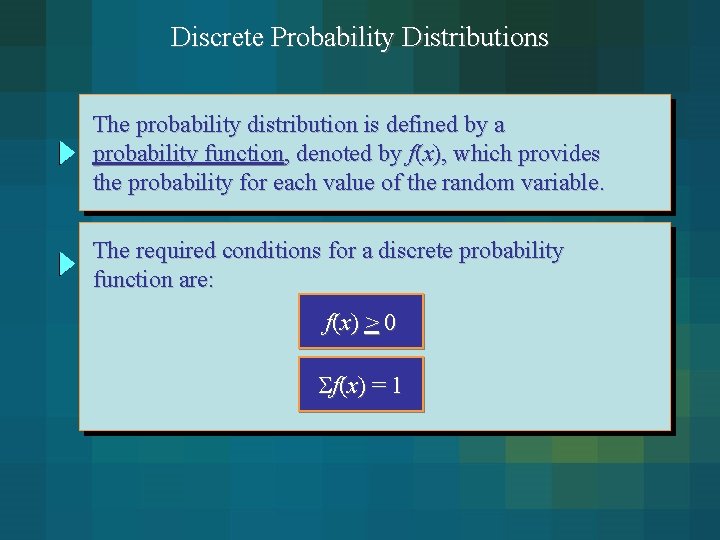 Discrete Probability Distributions The probability distribution is defined by a probability function, denoted by