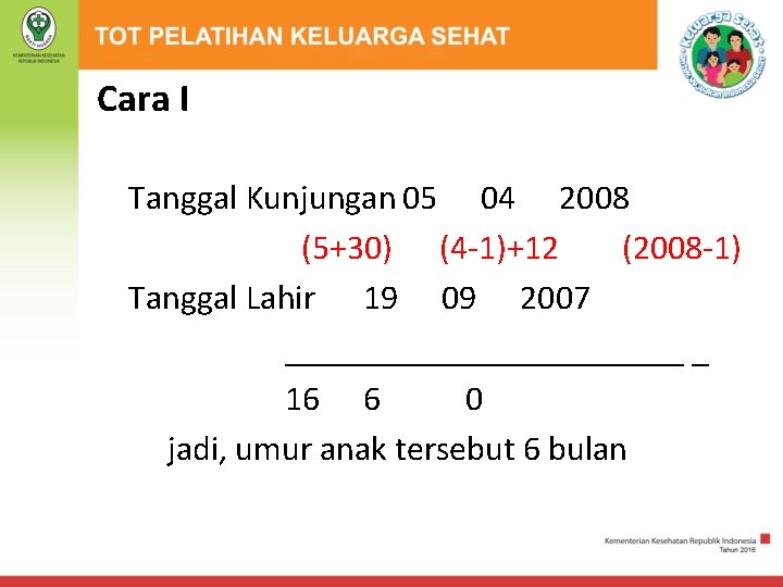 Cara I Tanggal Kunjungan 05 04 2008 (5+30) (4 -1)+12 (2008 -1) Tanggal Lahir
