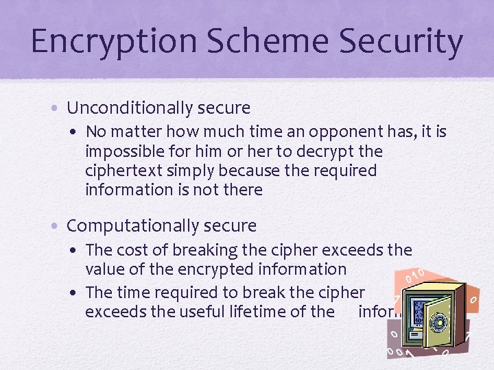 Encryption Scheme Security • Unconditionally secure • No matter how much time an opponent