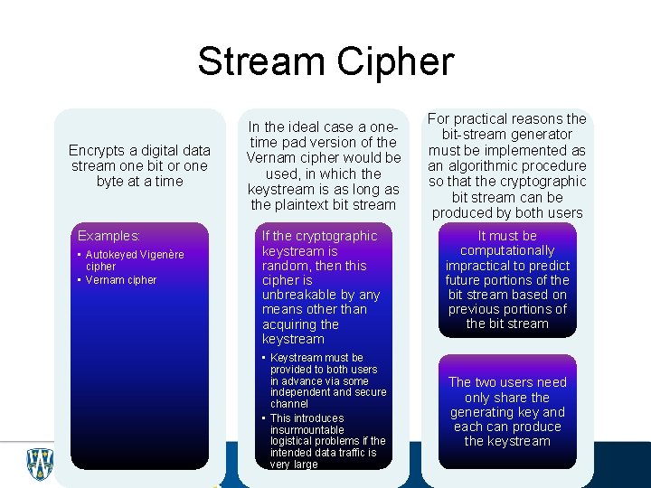 Stream Cipher Encrypts a digital data stream one bit or one byte at a