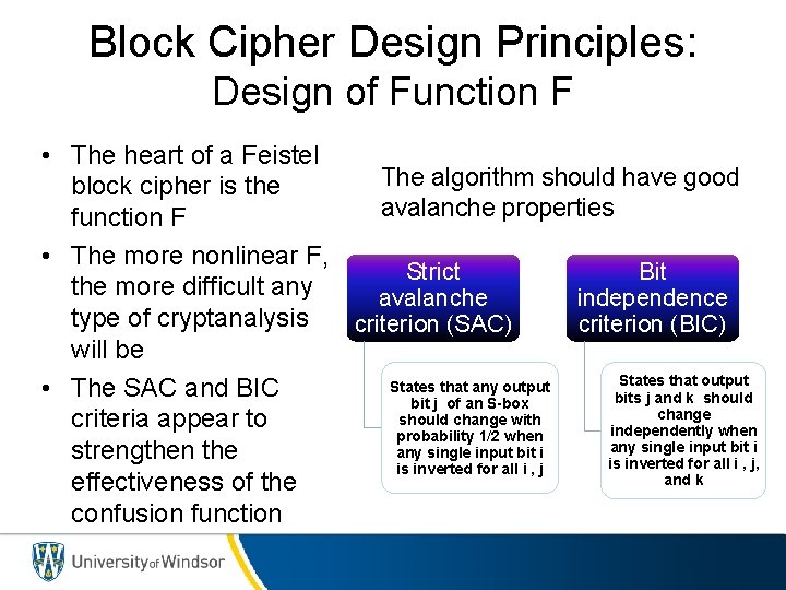 Block Cipher Design Principles: Design of Function F • The heart of a Feistel