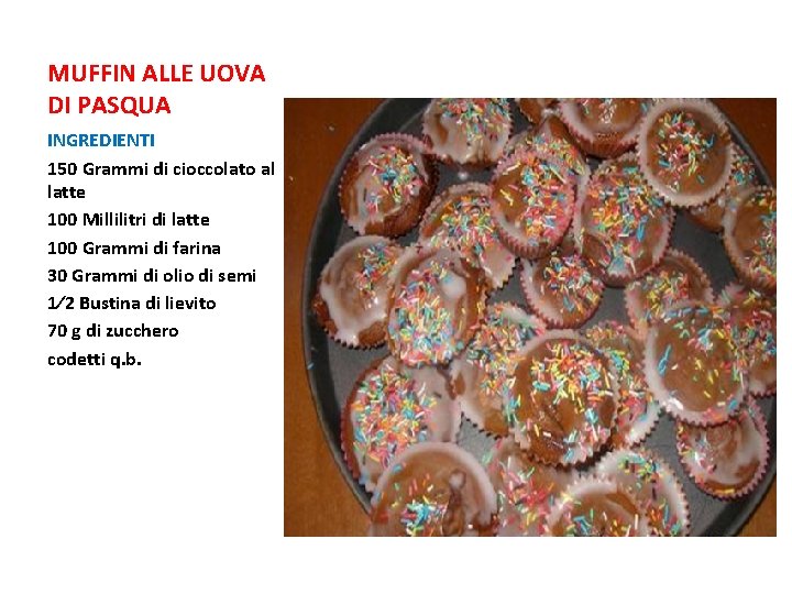 MUFFIN ALLE UOVA DI PASQUA INGREDIENTI 150 Grammi di cioccolato al latte 100 Millilitri MUFFIN ALLE UOVA DI PASQUA INGREDIENTI 150 Grammi di cioccolato al latte 100 Millilitri