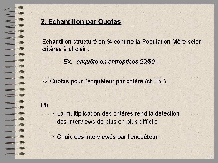 2. Echantillon par Quotas Echantillon structuré en % comme la Population Mère selon critères