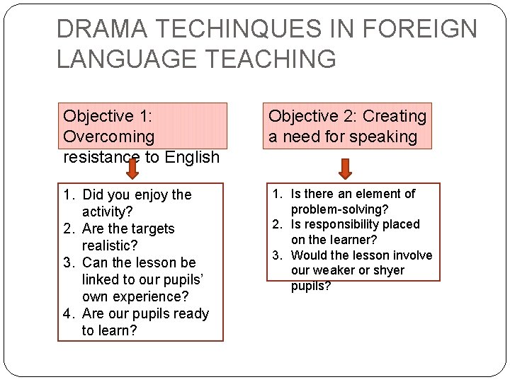 DRAMA TECHINQUES IN FOREIGN LANGUAGE TEACHING Objective 1: Overcoming resistance to English 1. Did