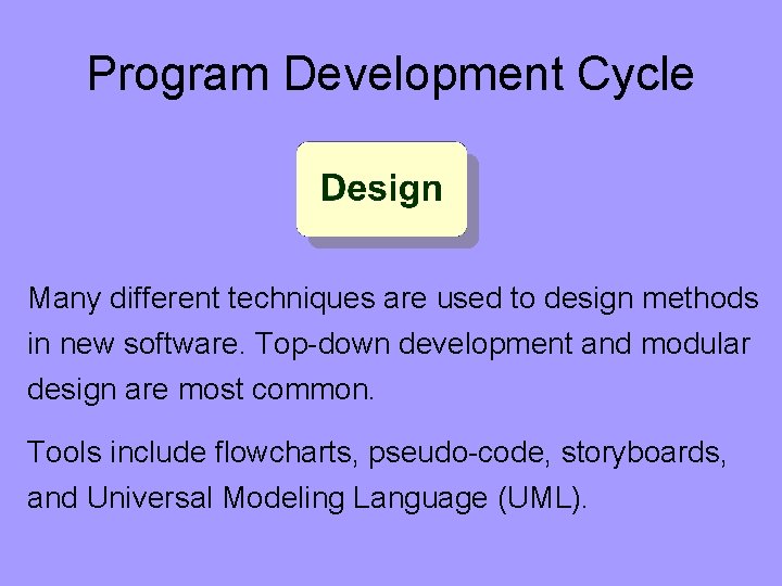 Program Development Cycle Many different techniques are used to design methods in new software.