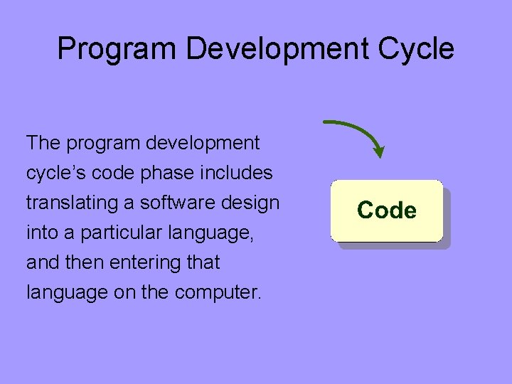 Program Development Cycle The program development cycle’s code phase includes translating a software design