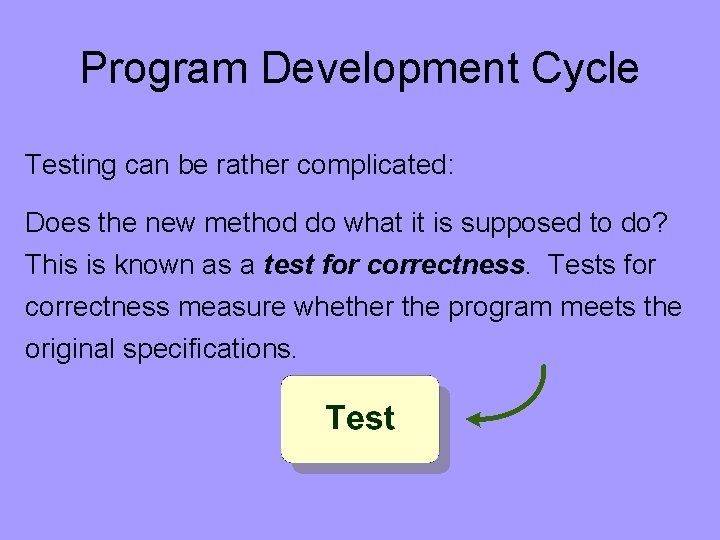 Program Development Cycle Testing can be rather complicated: Does the new method do what