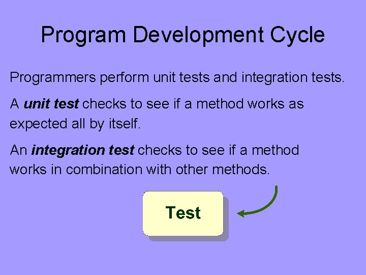 Program Development Cycle Programmers perform unit tests and integration tests. A unit test checks