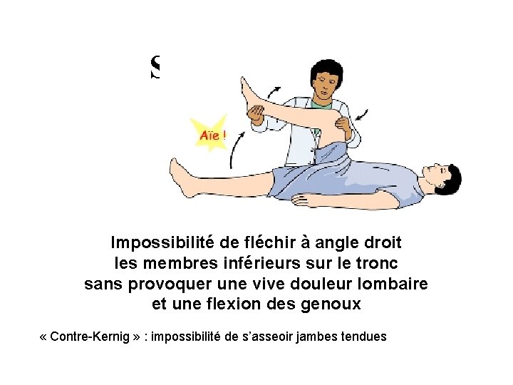 Signe de Kernig Impossibilité de fléchir à angle droit les membres inférieurs sur le