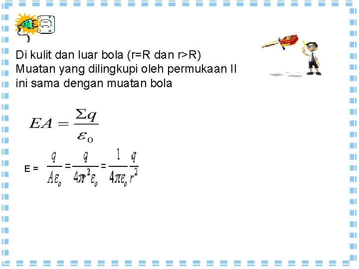 Di kulit dan luar bola (r=R dan r>R) Muatan yang dilingkupi oleh permukaan II Di kulit dan luar bola (r=R dan r>R) Muatan yang dilingkupi oleh permukaan II