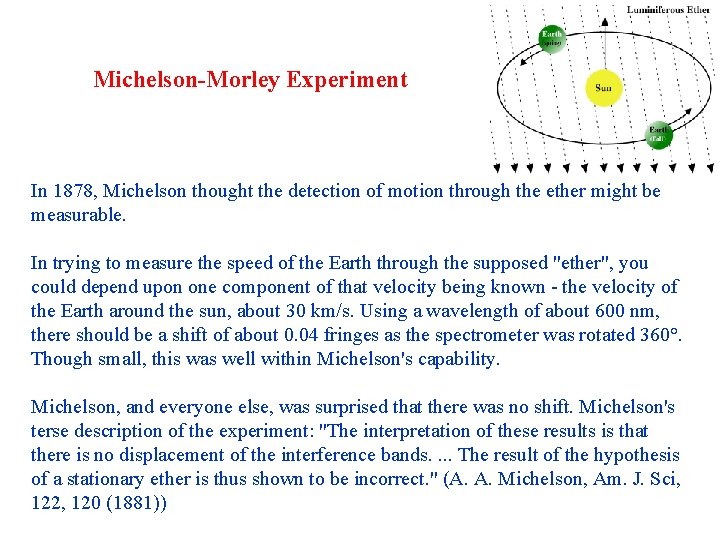 Michelson-Morley Experiment In 1878, Michelson thought the detection of motion through the ether might