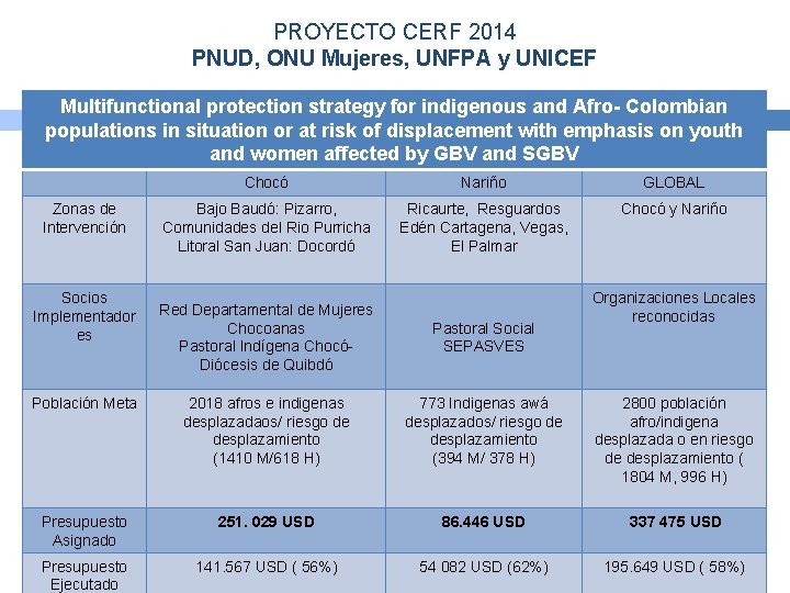 PROYECTO CERF 2014 PNUD, ONU Mujeres, UNFPA y UNICEF Multifunctional protection strategy for indigenous