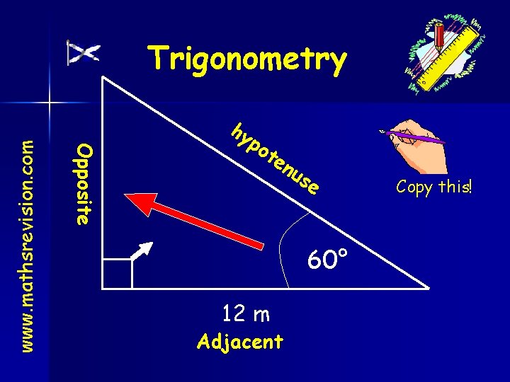 Opposite www. mathsrevision. com Trigonometry hy po te nu se 60° 12 m Adjacent