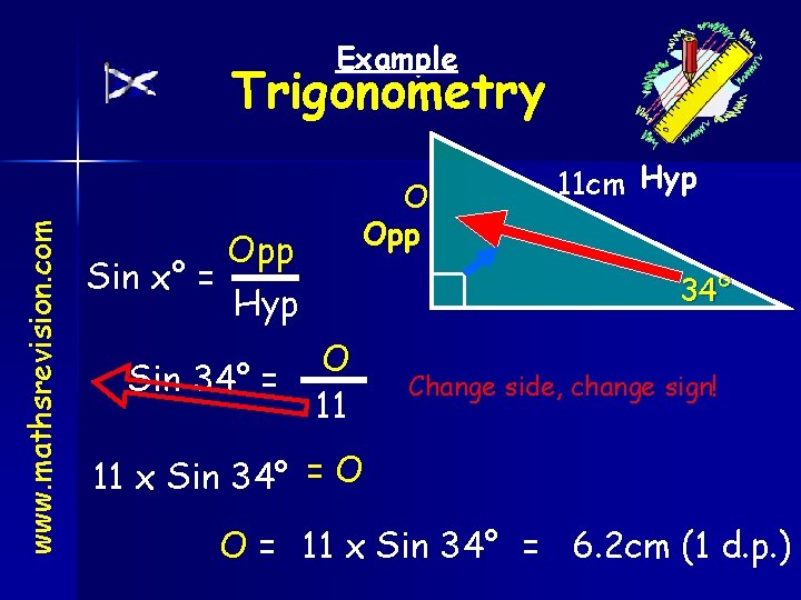 Example www. mathsrevision. com Trigonometry O Opp Sin x° = Hyp Sin 34° =