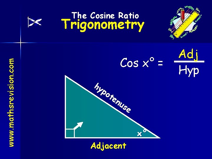 The Cosine Ratio www. mathsrevision. com Trigonometry Cos x° = hy po te nu