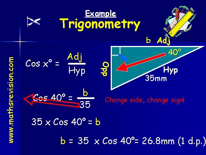 Example Adj Cos x° = Hyp b Adj 40° Opp www. mathsrevision. com Trigonometry