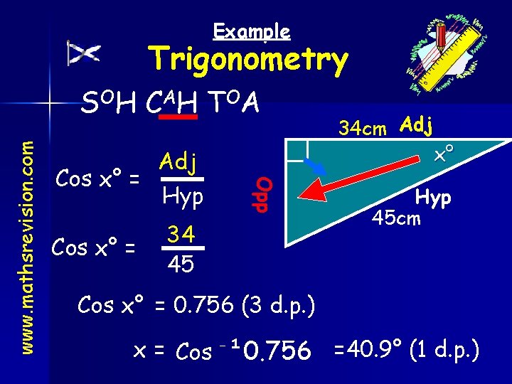 Example Trigonometry Adj Cos x° = Hyp Cos x° = Opp www. mathsrevision. com