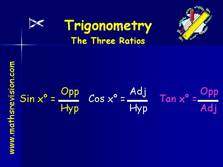 Trigonometry www. mathsrevision. com The Three Ratios Sin x° = Opp Hyp Cos x°