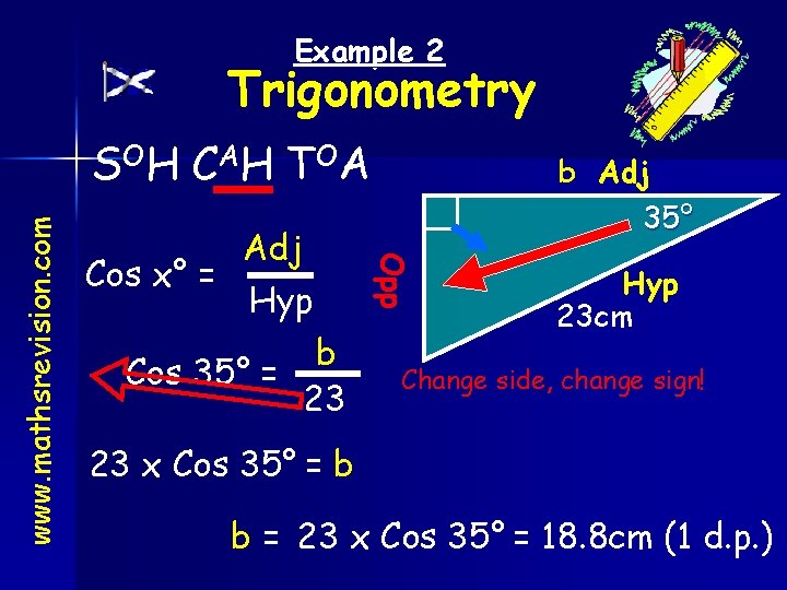 Example 2 Trigonometry Adj Cos x° = Hyp b Cos 35° = 23 b