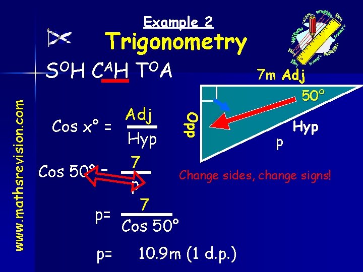 Example 2 Trigonometry Adj Cos x° = Hyp 7 m Adj 50° Opp www.