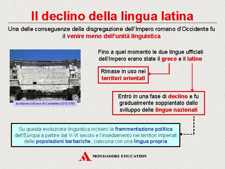 Il declino della lingua latina Una delle conseguenze della disgregazione dell’Impero romano d’Occidente fu