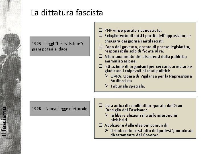 Il fascismo La dittatura fascista 1925 - Leggi “fascistissime”: pieni poteri al duce 1928