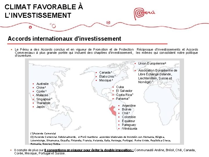 CLIMAT FAVORABLE À L’INVESTISSEMENT Accords internationaux d’investissement § Le Pérou a des Accords conclus CLIMAT FAVORABLE À L’INVESTISSEMENT Accords internationaux d’investissement § Le Pérou a des Accords conclus