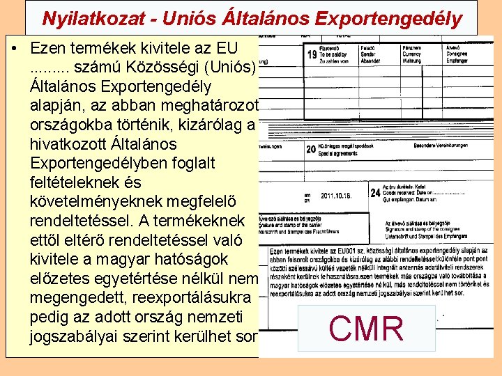 Nyilatkozat - Uniós Általános Exportengedély • Ezen termékek kivitele az EU. . számú Közösségi