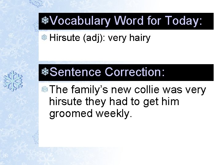 Vocabulary Word for Today: Hirsute (adj): very hairy Sentence Correction: The family’s new collie Vocabulary Word for Today: Hirsute (adj): very hairy Sentence Correction: The family’s new collie