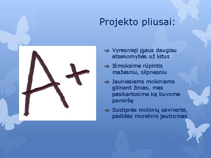 Projekto pliusai: Vyresnieji įgaus daugiau atsakomybės už kitus Išmoksime rūpintis mažesniu, silpnesniu Jauniesiems mokiniams