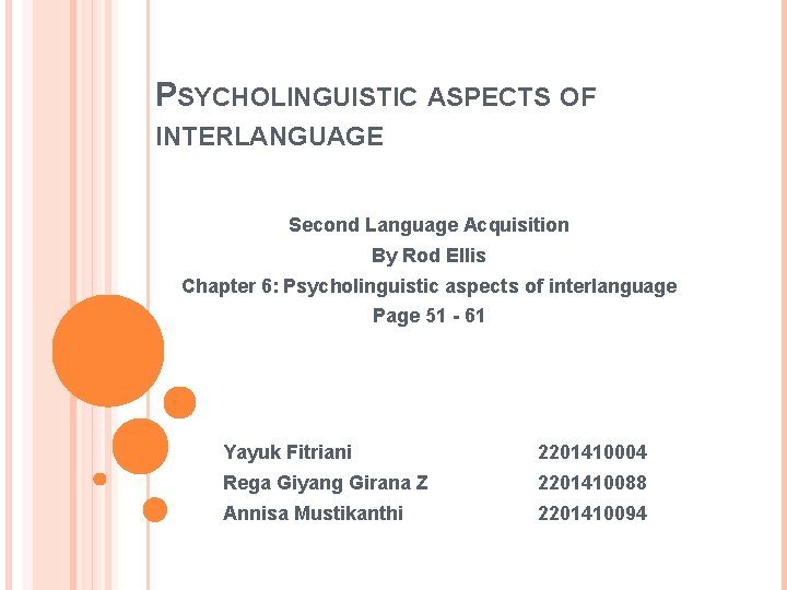 PSYCHOLINGUISTIC ASPECTS OF INTERLANGUAGE Second Language Acquisition By Rod Ellis Chapter 6: Psycholinguistic aspects