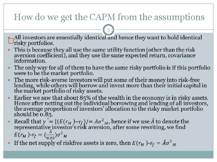 How do we get the CAPM from the assumptions 5 � 
