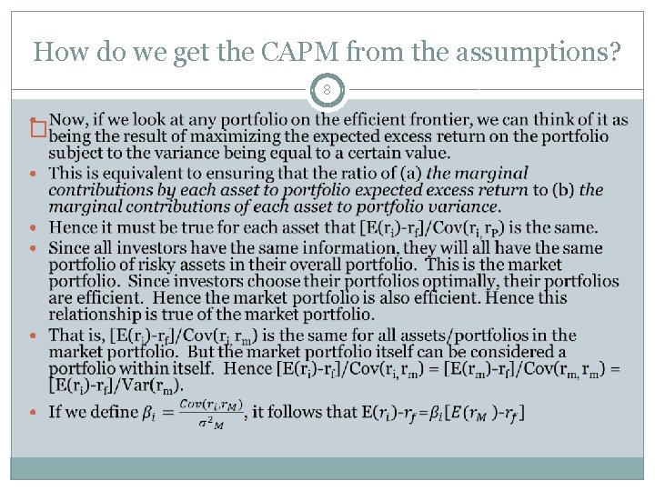 How do we get the CAPM from the assumptions? 8 � 