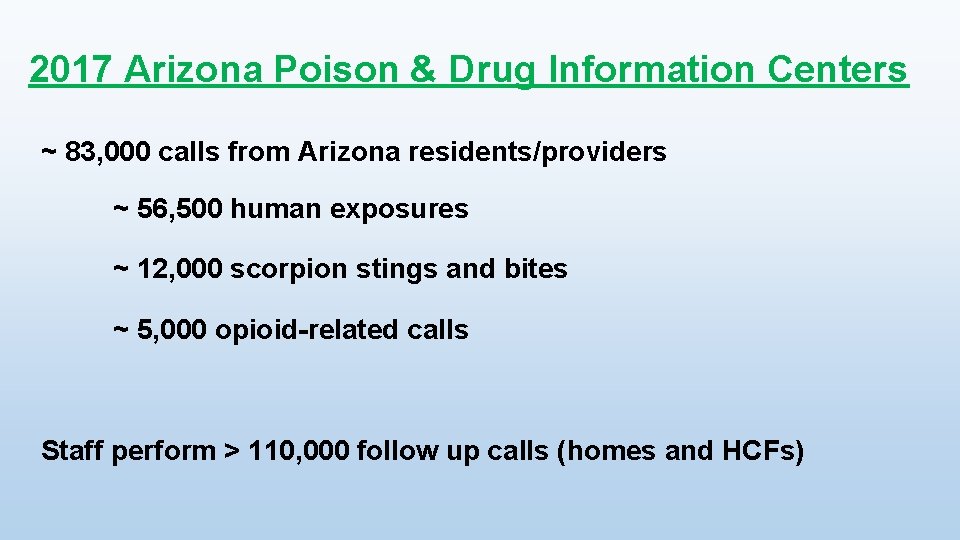 2017 Arizona Poison & Drug Information Centers ~ 83, 000 calls from Arizona residents/providers