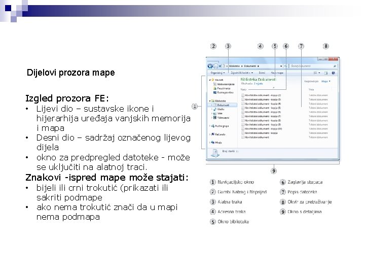 Dijelovi prozora mape Izgled prozora FE: • • • Lijevi dio – sustavske ikone