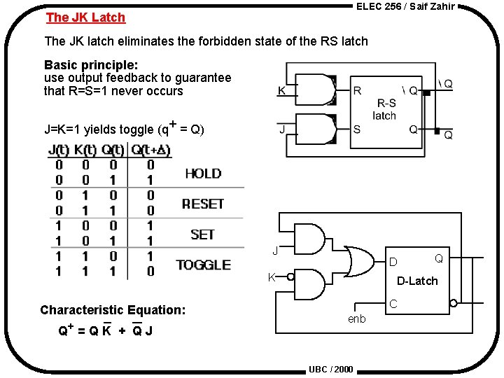 ELEC 256 / Saif Zahir The JK Latch The JK latch eliminates the forbidden