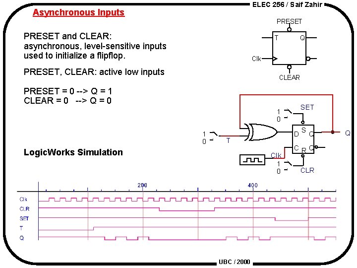 ELEC 256 / Saif Zahir Asynchronous Inputs PRESET and CLEAR: asynchronous, level-sensitive inputs used