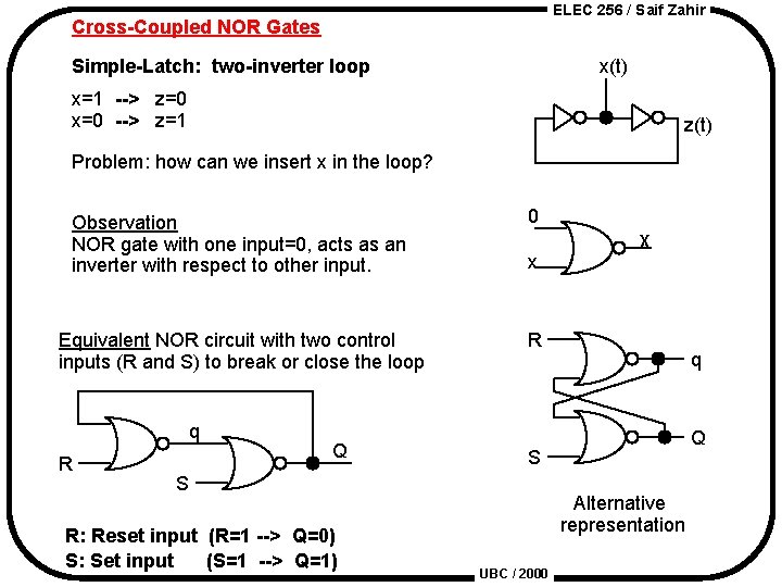 ELEC 256 / Saif Zahir Cross-Coupled NOR Gates Simple-Latch: two-inverter loop x(t) x=1 -->