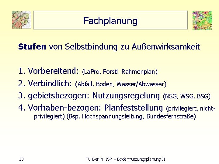 Fachplanung Stufen von Selbstbindung zu Außenwirksamkeit 1. Vorbereitend: (La. Pro, Forstl. Rahmenplan) 2. Verbindlich: