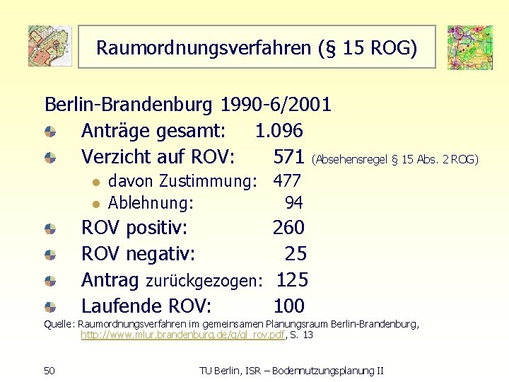 Raumordnungsverfahren (§ 15 ROG) Berlin Brandenburg 1990 6/2001 Anträge gesamt: 1. 096 Verzicht auf