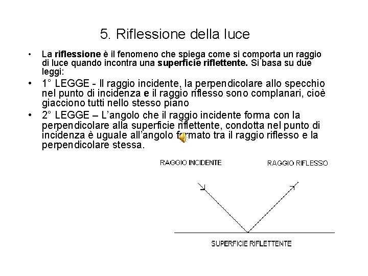 5. Riflessione della luce • La riflessione è il fenomeno che spiega come si