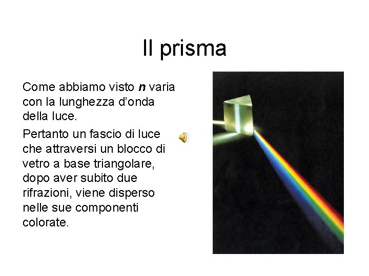 Il prisma Come abbiamo visto n varia con la lunghezza d’onda della luce. Pertanto