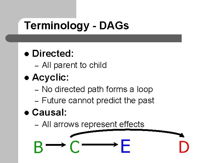 Terminology - DAGs l Directed: – l Acyclic: – – l All parent to