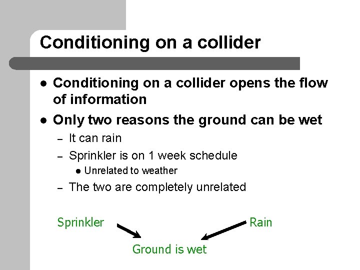 Conditioning on a collider l l Conditioning on a collider opens the flow of
